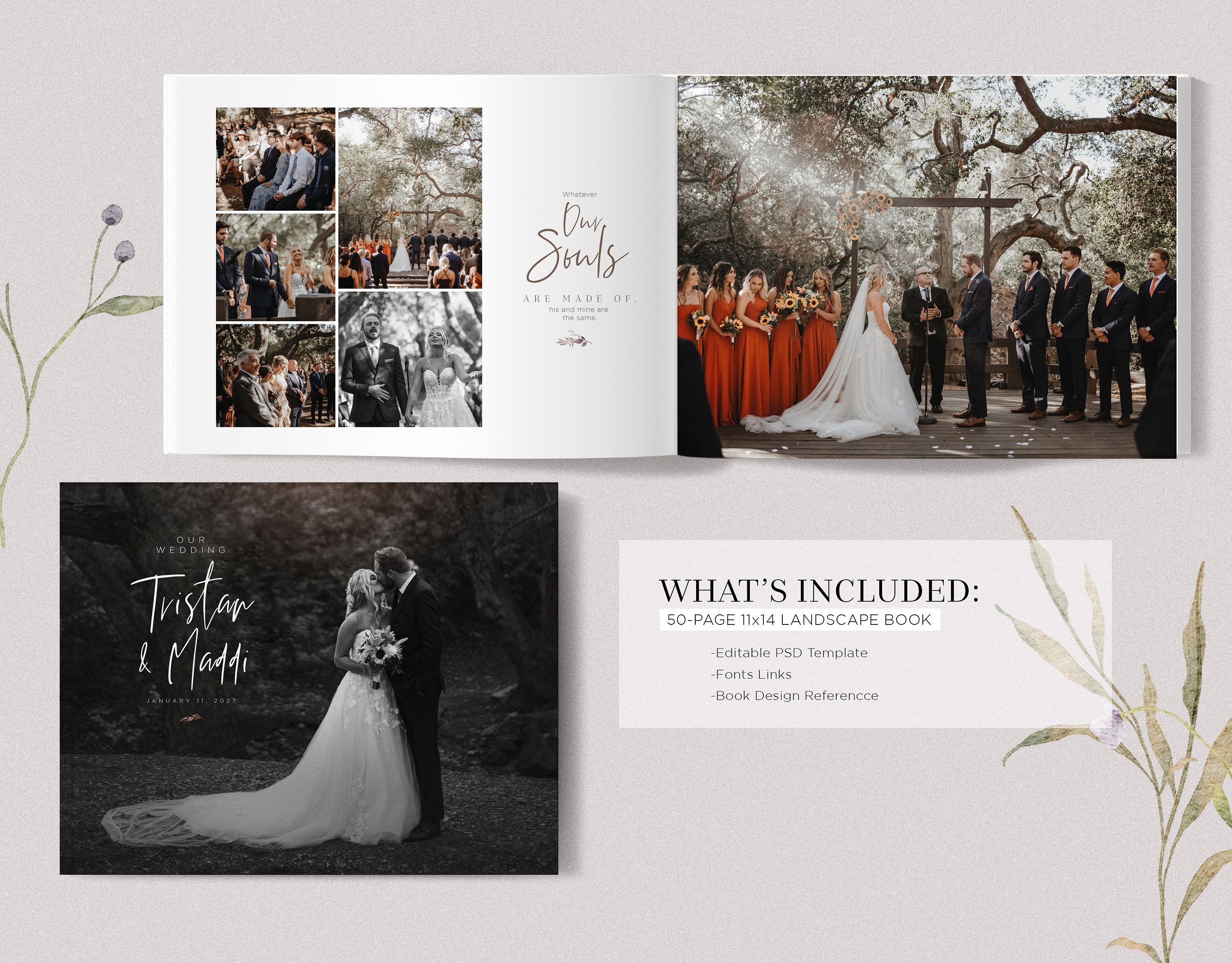 Minimalist 11x14 LANDSCAPE Wedding Album Template, 50-page Cover