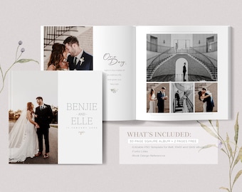 Clean Modern 12x12, 10x10, 8x8, SQUARE Wedding Album Template, 30-Page + Cover PSD Photobook Template, Instant Download