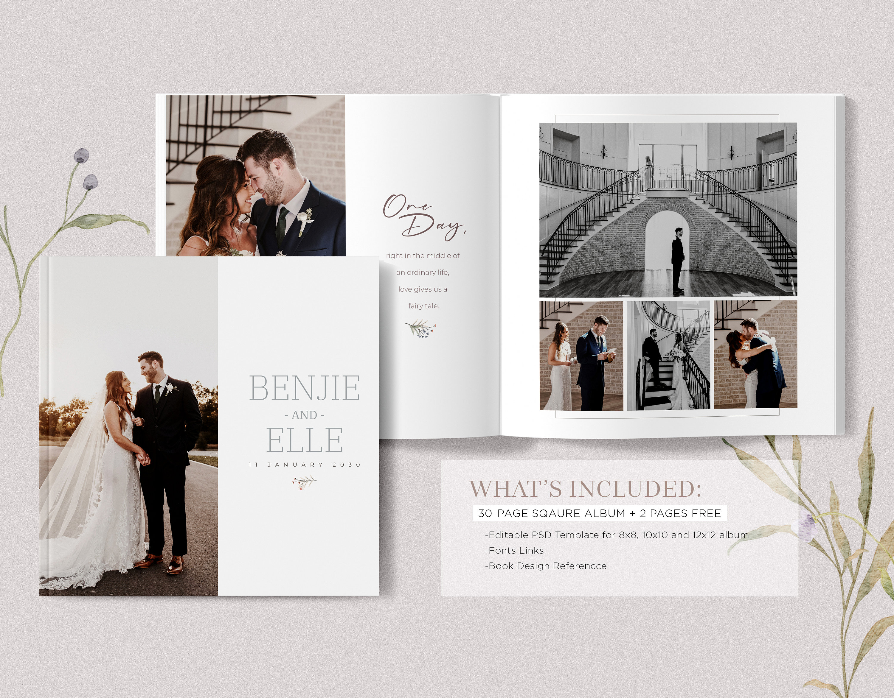 Minimalist 12x12, 10x10, 8x8, SQUARE Wedding Album Template, 30-page Cover  PSD Photobook Template, Instant Download 