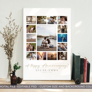 Plantilla de collage de fotos de póster para aniversario y cumpleaños, collage de fotos de brindis con vino dorado de cualquier tamaño, PSD editable