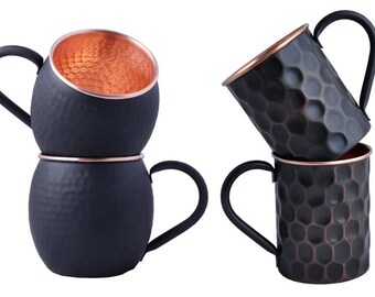 Set Of Unique Black Copper Moscow Mule Vodka Copper Mug with Brass Handle Christmas Gift Set HANDCRAFTED- Food Safe Pure Solid Copper Mugs