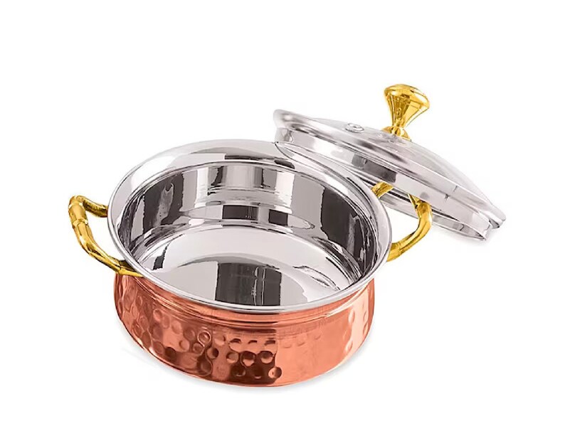 Copper Bottom Kadai, Karahi Bowls Stainless Steel Copper Hammered Finish Serving Handi, Bowl