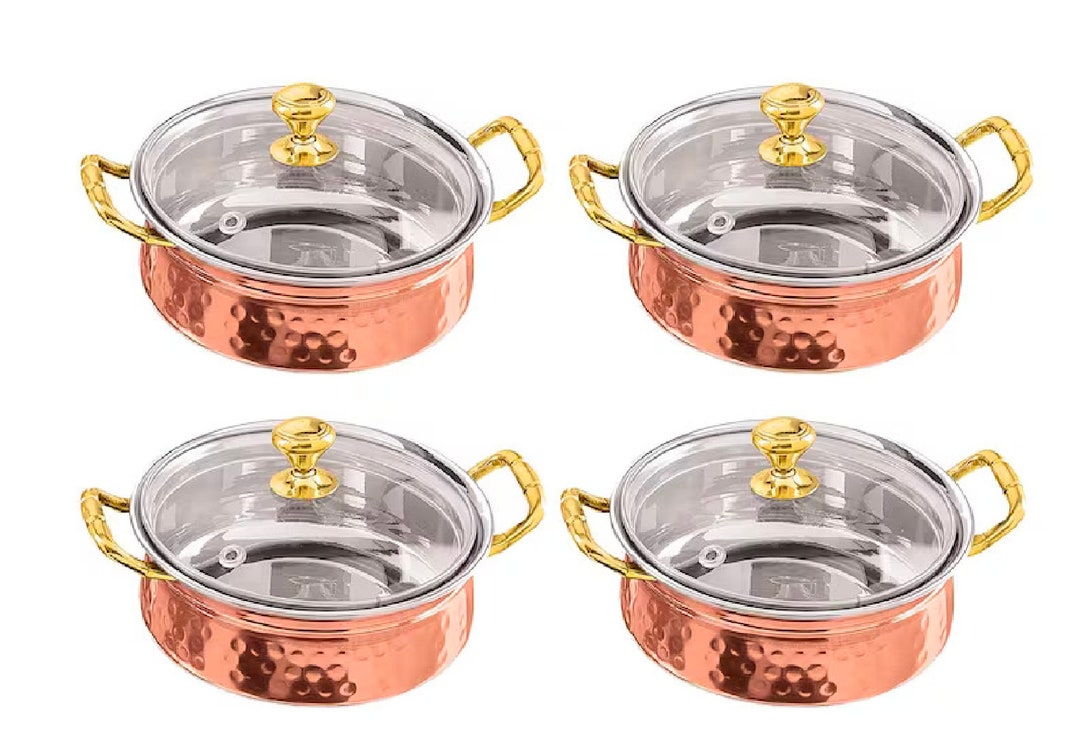 Copper Bottom Kadai, Karahi Bowls Stainless Steel Copper Hammered Finish Serving Handi, Bowl