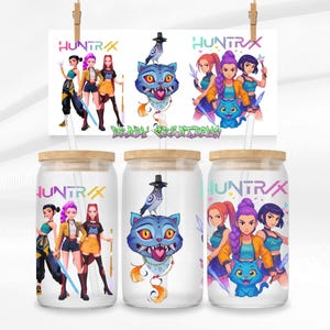 May include: Glass tumblers with wooden lids feature colourful illustrations of anime-style characters and a blue cat. The word "HUNTRAX" is printed in a rainbow gradient. A matching print hangs above the tumblers.