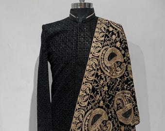 Premium Black Embroidered Groom Dupatta, Wedding Stole for Sherwani