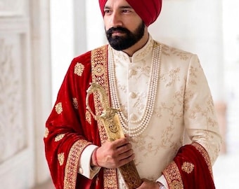 Designer Mens Dupatta, Reception | Wedding Stole Indian Groom, Red with Gold Work