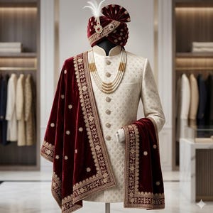 Könnte beinhalten: Ein cremefarbener Anzug mit Muster, passendem Turban und bordeauxfarbenem Schal. Der Anzug hat einen hohen Kragen und dekorative Knöpfe. Eine mehrreihige Perlenkette sorgt für einen Hauch von Eleganz. Der Schal ist goldfarben bestickt.