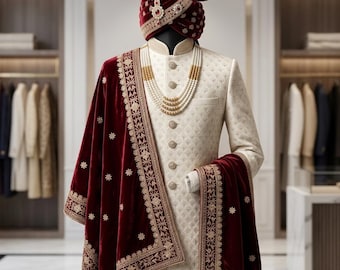 Velvet Groom Shawl: Maroon with Gold Zari Embroidery, Elegant Wedding Accessory