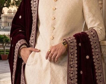 Maroon Velvet Groom Wedding Stole, Gold Thread Embroidery