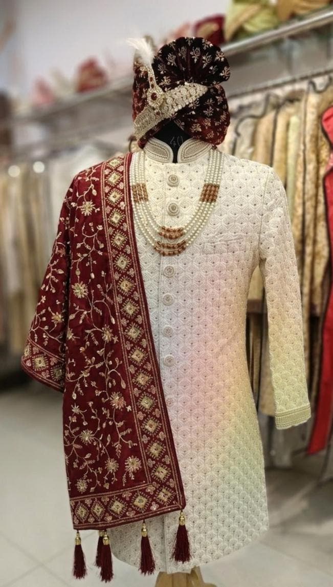 Mens Heavy Silk Sherwani Dupatta - Multicolor Embroidery, Tassels