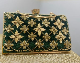Velvet Emerald Green Clutch purse, bag Embroidered with diamonds and zari work for Wedding, Evening Party and Ethnic wear.