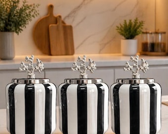 Juego de botes de cerámica a cuadros de lujo, tapa de coral dorado, decoración de estilo elegante, recipiente para café, té y azúcar, regalo.