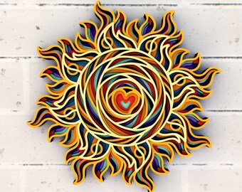 Sunny Heart Mandala, Multilayer Wood Wall Art, Boho Decor