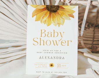 Sunflower Baby Shower Invitation Template Gender Neutral Baby Party Watercolor Flower Printable Invite Editable Hello Baby Boy Girl Evite