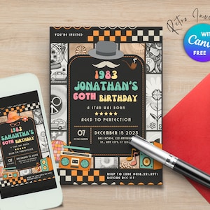 Retro Birthday Invitation Vintage Party Invitation 70s Style Birthday Invitation 70s 60s Theme Party Invitation for Him Invitation for Her