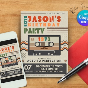 Retro Birthday Invitation Vintage Party Invitation 70s Style Birthday Invitation 70s 60s Theme Party Invitation for Him Invitation for Her