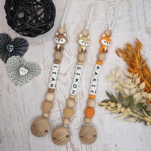 Pacifier chain fox personalized with name – baby gift birth baptism – silicone wood handmade – pacifier holder name