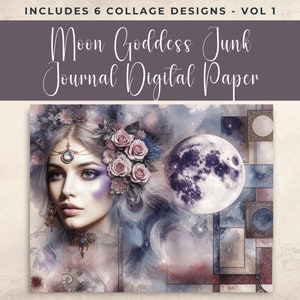 Celestial Moon Goddess Digitaal papier: paarse afdrukbare pagina's voor rommeltijdschriften, collagevellen en knutselwerkjes