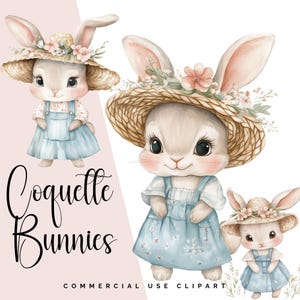 Clipart lapin coquette | Lapin aquarelle dans un style campagnard pastel | Images clipart fantaisistes pour cartes de voeux, décorations de chambre d'enfant et plus