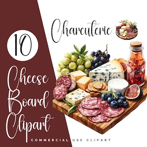 Paquete de imágenes prediseñadas de acuarela de charcutería: tabla de quesos, comida y vino, arte digital para uso comercial