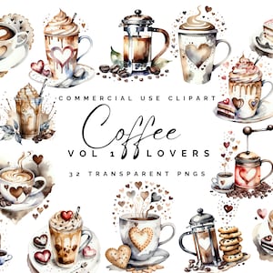 Coffee Lover Clipart Bundle Watercolour Commercial Use Coffee PNG Transparent Cafe Iced Coffee Cappuccino Coffee cart Planner Clipart Vol 1