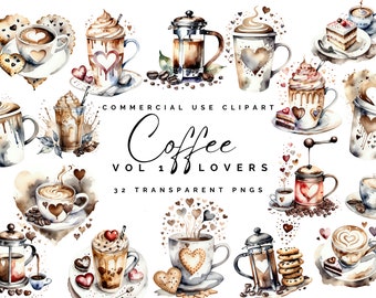 Watercolor Coffee Lover Clipart PNG - Cozy Digital Download for Crafts & Stickers