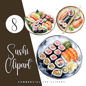 Adorável Sushi Clipart: Adesivos Digitais para Agendas, Diários e Uso Comercial - Download de Comida Japonesa