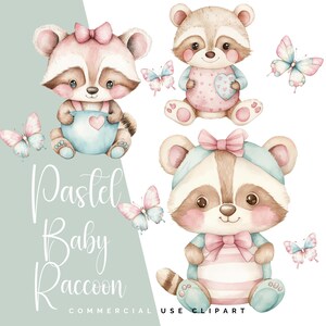 Pack de cliparts mignon bébé raton laveur - illustrations pastel aquarelle de raton laveur et de papillons pour décoration de chambre d'enfant et invitations