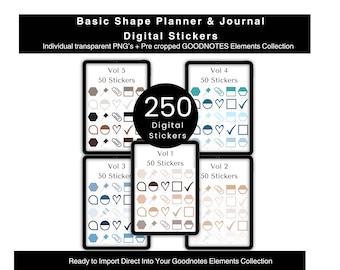 250 Basic Shape Digital Stickers Bundle - Vol 1-5, transparent PNG's and Goodnotes Elements Collection file, Instant Download