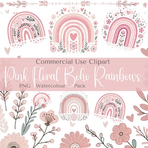 Clipart de acuarela floral de arcoíris bohemio: corazones rosados y lindas impresiones para guarderías infantiles para uso comercial