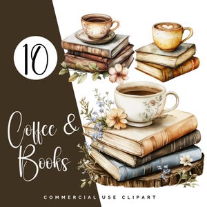 Set di clipart di caffè e libri ad acquerello: PNG di alta qualità per diari spazzatura e lavori artigianali di carta