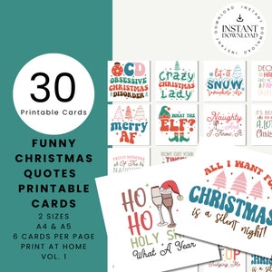 Cartes de Noël imprimables festives avec citations humoristiques : ensemble de voeux de Noël à téléchargement immédiat