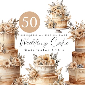 Paquete de imágenes prediseñadas de pastel de bodas en acuarela: PNG transparentes para invitaciones, repostería y diseños florales