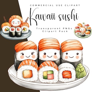 Adorable clipart aquarelle sushi kawaii - téléchargement numérique instantané pour travaux manuels et créations