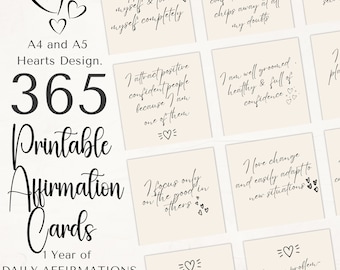 365 Daily Affirmation Cards Printable – Heart-Themed Inspirational Quotes for Women, Self-Love & Personal Growth Gift