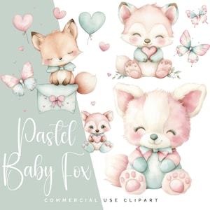 Pack de cliparts bébé renard - éléments de décoration aquarelle pastel renard mignon et papillon