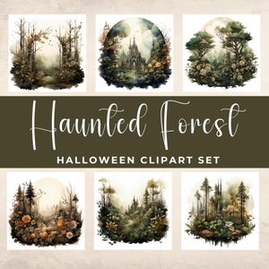 Aquarel Clipart Spooky Haunted Forest: Halloweenscènes, griezelige achtergrondkunst, digitale download