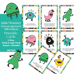 Schattige bevestigingskaarten met monsterthema: inspirerende positiviteit voor kinderen | 2 maten beschikbaar