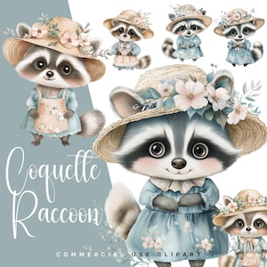 Clipart lunatique de raton laveur aquarelle | Art coquette pastel style campagnard pour chambre de bébé et cartes