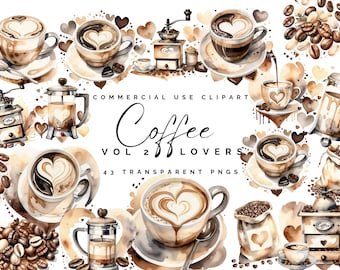 Coffee Lover Clipart Pack Watercolour Commercial Use Coffee PNG Transparent Cafe Plunger Coffee Beans Digital Stickers Planner Clipart Vol 2