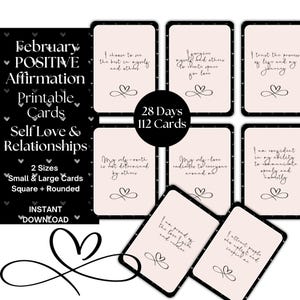 Ensemble imprimable Affirmations de février : 112 cartes d'amour de soi et de relation pour les agendas, les journaux et les tableaux de visualisation