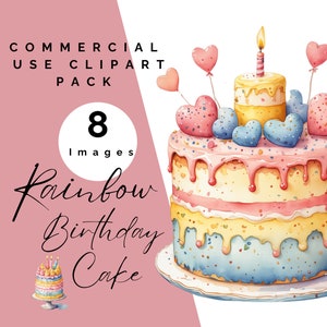 Rainbow Birthday Cake Clipart Pack | Kids Party Invitations & Digital Products | Commercial Use
