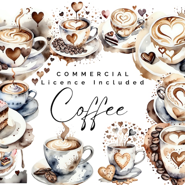 Cozy Coffee Clipart Pack: Watercolor PNG with Hearts for Creatives Commercial Use - High Quality Digital Coffee Graphics for Coffee Addict