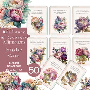 Cartes d'affirmation de la résilience des pivoines florales : 50 modèles à imprimer pour la croissance personnelle et le bien-être mental