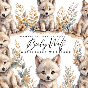 Ensemble de cliparts adorable bébé animal des bois : bébé loup graphiques PNG pour décoration de chambre d'enfant et usage commercial