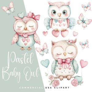 Clipart-pakket babyuil - pastel aquarel schattige uil en vlinder decoratie kinderkamerelementen