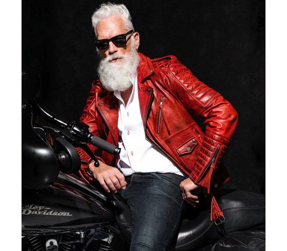 Red Genuine Cowhide Leather Quilted Slim Fit Biker Jacket for 