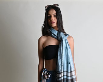 Uranian Blue Stripe Pashmina Scarf, Silk Scarf, Double Sided Scarf, Pashmina Wrap, Scarf for Women, Pashmina Rave Shawl, Gift Idea's for Her