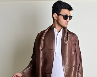 Chocolate Brown Zari Pashmina Scarf, Silk Scarf, Pashmina Wrap, Scarf for Men, Pashmina Rave Shawl, Father's Day Gift, Gift Ideas for Him