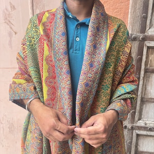 LARGE Handwoven Jamawar Shawl, Unisex Wool Shawl,  Meditation Prayer Shawl Blanket, Jamawar Shawl, Jamawar Wrap, Jamawar Throw, Gift for Her